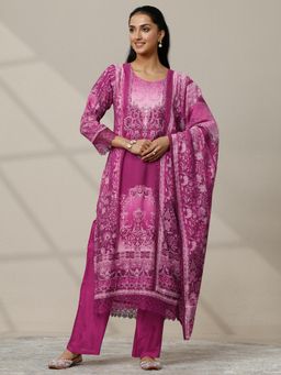 Libas - Purple Printed Silk Blend Straight Kurta with Pant & Dupatta for Women