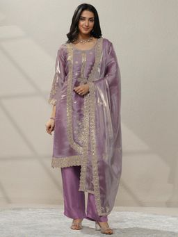 Libas - Lavender Embroidered Organza Straight Kurta with Pant & Dupatta for Women