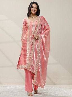 Libas - Peach Embroidered Organza Straight Kurta with Pant & Dupatta for Women