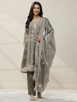 Libas - Grey Embroidered Organza Straight Kurta with Pant & Dupatta for Women