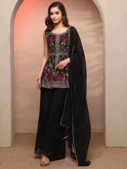 Libas - Black Embroidered Georgette Straight Kurta with Palazzo & Dupatta for Women