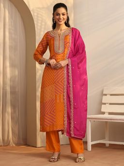 Libas - Orange Printed Organza Straight Kurta with Pant & Dupatta for Women