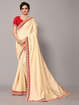 Odette - Beige Poly Silk Embroidery Border Work Saree With Unstitched Blouse