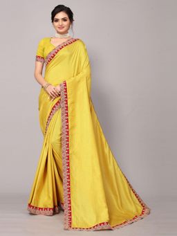 Odette - Mustard Poly Silk Embroidery Border Work Saree With Unstitched Blouse