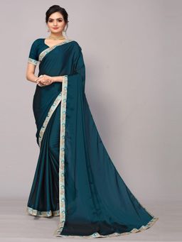 Odette - Teal Satin Georgette Embellished Border Work Saree With Unstitched Blouse