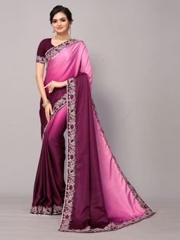Odette - Pink And Wine Poly Silk Embroidery Border Work Saree With Unstitched Blouse