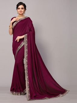 Odette - Wine Poly Silk Embroidery Border Work Saree With Unstitched Blouse