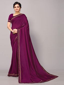 Odette - Wine Poly Silk Embellished Border Work Saree With Unstitched Blouse