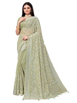 Odette - Green Pure Cotton Embroidered Saree With Unstitched Blouse