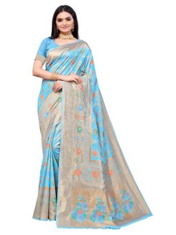 Odette - Blue Silk Blend Woven Design Saree With Unstitched Blouse