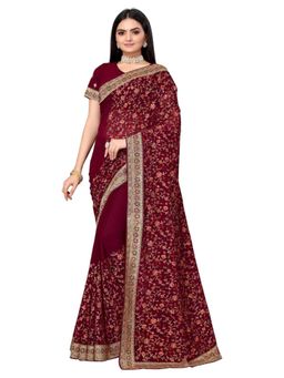 Odette - Maroon Poly Georgette Embroidered Saree With Unstitched Blouse