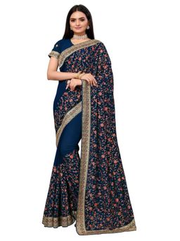 Odette - Dark Blue Poly Georgette Embroidered Saree With Unstitched Blouse