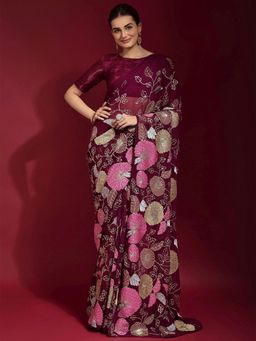 Odette - Maroon Embroidered Georgette Saree With Unstitched Blouse