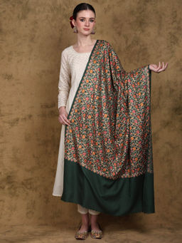 EXOTIC INDIA - Women Green Pure Wool Shawl with Chain Stitch Embroidered Floral Jaal