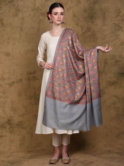 EXOTIC INDIA - Women Grey Pure Wool Shawl with Chain Stitch Embroidered Floral Jaal