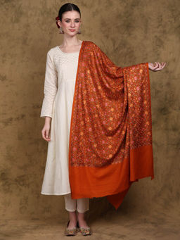EXOTIC INDIA - Women Orange Pure Wool Shawl with Chain Stitch Embroidered Floral Jaal