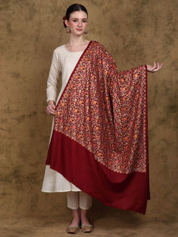 EXOTIC INDIA - Women Red Pure Wool Shawl with Chain Stitch Embroidered Floral Jaal