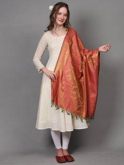 EXOTIC INDIA - Women Brown Art Silk Ponnadai Prayer Shawl with Brocaded Nataraja