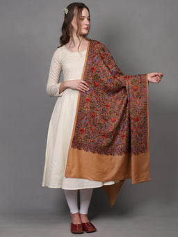 EXOTIC INDIA - Women Beige Pure Wool Shawl with Intricate Embroidered Floral Vines