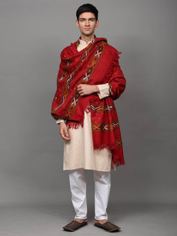 EXOTIC INDIA - Unisex Red Wool Kullu Shawl with Woven Bootis and Triple Kinnauri Border