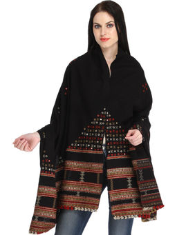 EXOTIC INDIA - Women Black Kutch Pure Wool Shawl with Woven Border and Embroidered Mirrors