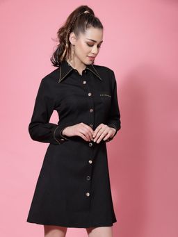 KASSUALLY - Black Shirt Collar Cuffed Sleeves Shirt Dress