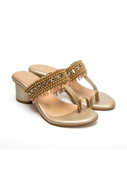 NIDHI BHANDARI - Gold One Toe Low Embroidery Block Heels