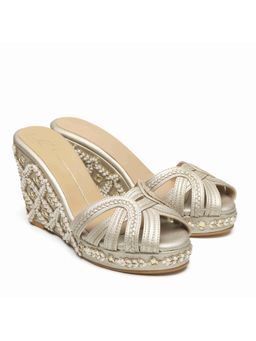 NIDHI BHANDARI - Gold Open Toe Embroidery Wedges