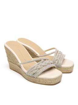 NIDHI BHANDARI - Beige Square Toe Swarovski Detailing Wedges