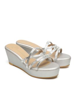 NIDHI BHANDARI - Silver Open Toe Swarovski Detailing Wedges