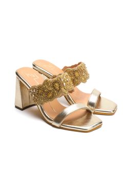 NIDHI BHANDARI - Gold Square Toe Mid Embroidery Block Heels