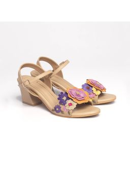 NIDHI BHANDARI - Beige Faux Leather Open Toe Embroidery Block Heels