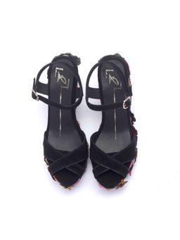 NIDHI BHANDARI - Black Open Toe Block Embroidery Wedges