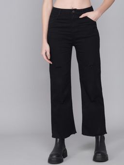 KOTTY - Women Mid Rise Cotton Lycra Jet Black Distress Jeans