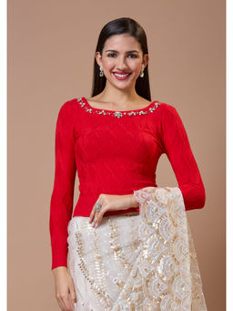 SALWAR STUDIO - Red Boat Neck Full Sleeves Embroidered Stitched Blouse