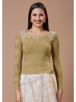 SALWAR STUDIO - Beige Boat Neck Full Sleeves Embroidered Stitched Blouse