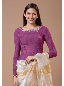 SALWAR STUDIO - Purple Boat Neck Full Sleeves Embroidered Stitched Blouse
