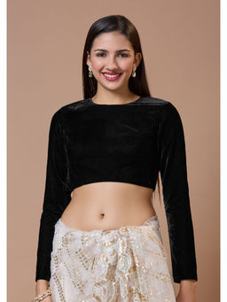SALWAR STUDIO - Black Round Neck Full Sleeves Velvet Ready Made Stitched Blouse