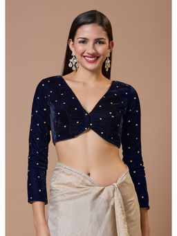 SALWAR STUDIO - Navy Blue V Neck Full Sleeves Velvet Ready Made Stitched Blouse