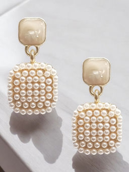 OOMPH - White Pearls Drop Earrings - Square Partywear Women Stylish Latest
