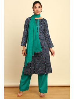 Soch - Womens Navy Blue Cotton Bandhani Print Unstitched Dress Material (Set of 3)