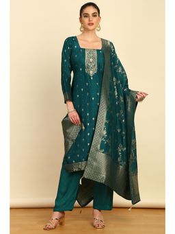 Soch - Womens Teal Silk Blend Zari Woven Cutdana Unstitched Dress Material (Set of 3)