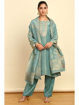 Soch - Womens Teal Silk Blend Embroidered Sequins Unstitched Dress Material (Set of 3)