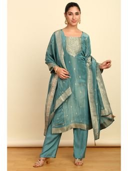 Soch - Womens Turquoise Blue Silk Blend Zari Mirror and Cutdana Unstitched Dress Material (Set of 3)