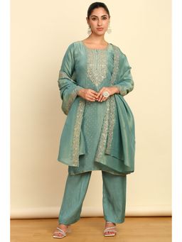 Soch - Womens Teal Silk Blend Embroidered Sequins Unstitched Dress Material (Set of 3)