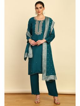 Soch - Womens Teal Silk Blend Embroidered Sequins Unstitched Dress Material (Set of 3)