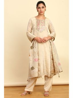 Soch - Womens Cream Silk Blend Embroidered Mirror and Sequins Unstitched Dress Material (Set of 3)