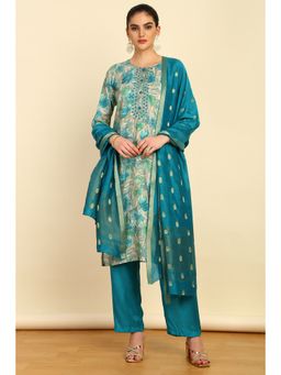 Soch - Womens Turquoise Blue Modal Silk Floral Print Mirror Work Unstitched Dress Material (Set of 3)