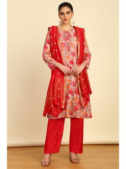 Soch - Womens Peach Modal Silk Floral Print Mirror Work Unstitched Dress Material (Set of 3)