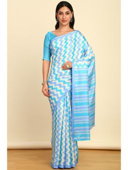 Soch - Womens Turquoise Art Silk Chevron Print Saree with Unstitched Blouse
